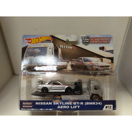 NISSAN SKYLINE GT-R BNR34 + AERO LIFT TEAM TRANSPORT n12 1:64 HOT WHEELS PREMIUM