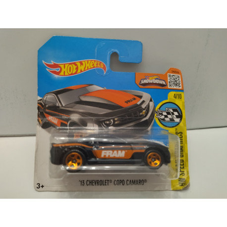 CHEVROLET CAMARO 2013 COPO FRAM 1:64 HOT WHEELS CARTON MAL ESTADO/CARD DAMAGED