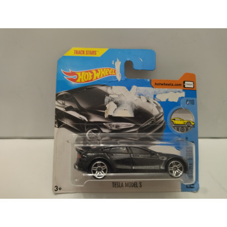 TESLA MODEL S BLACK/GREY 1:64 HOT WHEELS CARTON MAL ESTADO/CARD DAMAGED