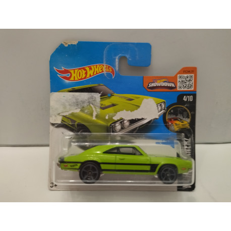 DODGE CHARGER 1969 500 GREEN 1:64 HOT WHEELS CARTON MAL ESTADO/CARD DAMAGED