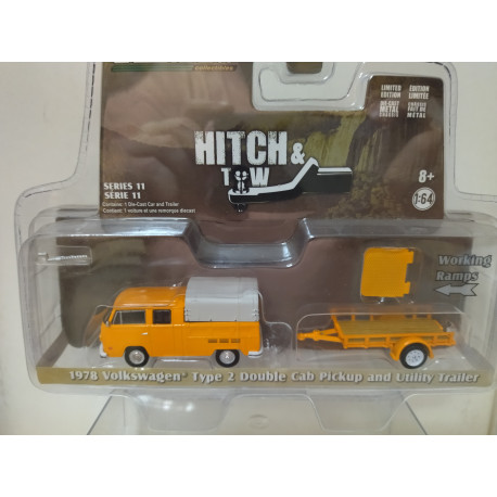 VOLKSWAGEN T2 1978 PICKUP DOUBLE CAB & UTILITY TRAILER 1:64 GREENLIGHT