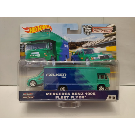 MERCEDES-BENZ 190E + FLEET FLYER TEAM TRANSPORT n10 1:64 HOT WHEELS PREMIUM