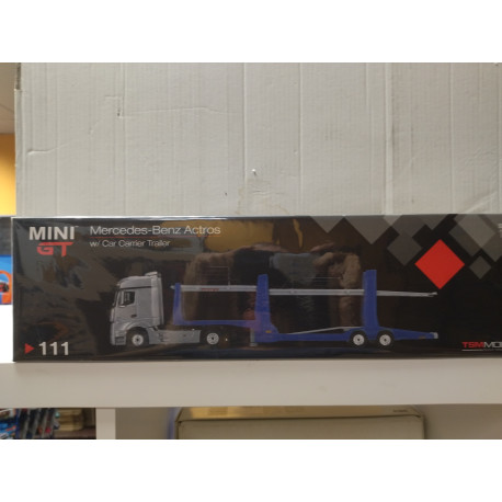 MERCEDES-BENZ ACTROS W/CAR CARRIER BLUE & SILVER 1:64 MINI GT 111