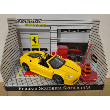 FERRARI SCUDERIA SPIDER 16M YELLOW GARAGE 1:43 BBURAGO RACE & PLAY