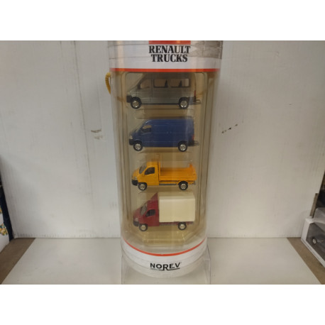 TUBE/COFFRET 4 X RENAULT TRUCKS MASTER & MASCOTT apx 1:64 NOREV 3 INCHES (7,5cm)
