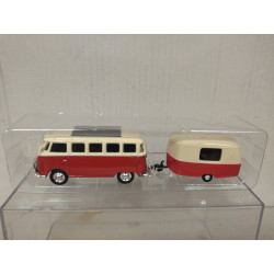 VOLKSWAGEN T1 1950 SAMBA BUS + CARAVANA/ROULOTTE RED/WHITE apx 1:64 GRELL EKU