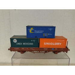 VAGON PLATAFORMA 3 X CONTAINER DESGUACE/REPINTADO 1:87 H0 BOX/SUCIO