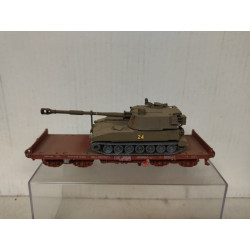 VAGON PLATAFORMA PLANO + HOWITZER 1:87 H0 ROCO NO BOX/SUCIO