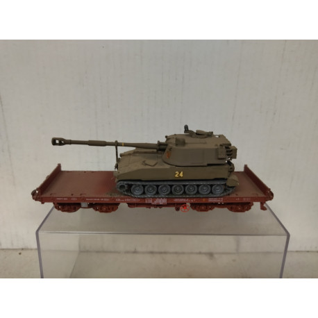 VAGON PLATAFORMA PLANO + HOWITZER 1:87 H0 ROCO NO BOX/SUCIO