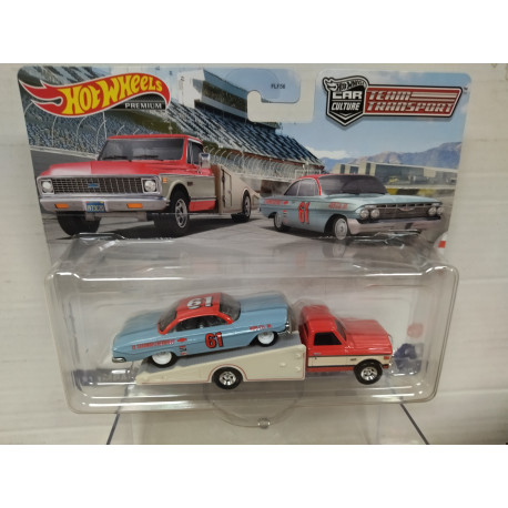CHEVROLET IMPALA 1961 + RAMP TRUCK 1972 TEAM TRANSPORT 54 1:64 HOT WHEELS PREMIUM