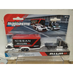 MACK GRANITE + TRAILER NISMO + NISSAN GT-R NISMO GT-3 1:64 MAJORETTE
