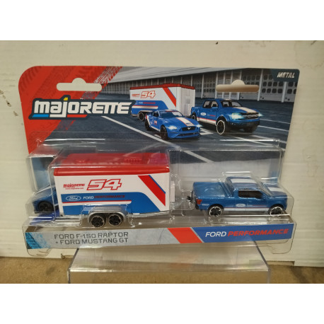 FORD F-150 RAPTOR + TRAILER PERFORMANCE + FORD MUSTANG GT 1:64 MAJORETTE