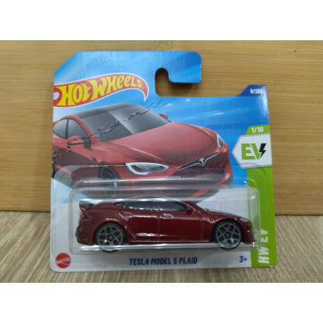TESLA MODEL S PLAID RED 1/10 EV 1:64 HOT WHEELS CARTON DOBLADO