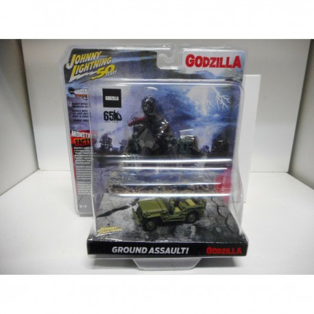 JEEP MB + FIGURE GODZILLA GROUND ASSAULT JOHNNY LIGHTNING 1/64