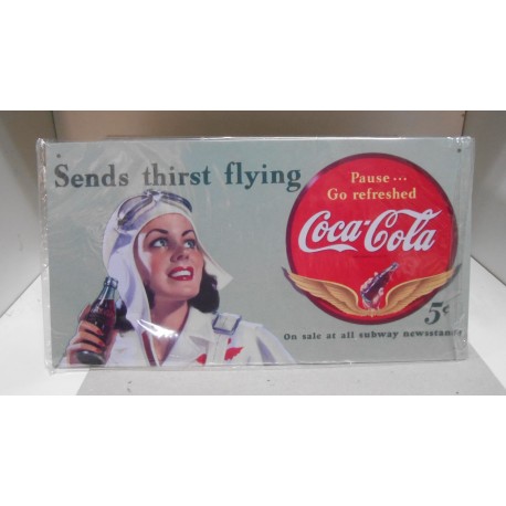 PLACA/PLAQUE/PLATE METAL DECORACION " SENDS THIRST FLYING COCA-COLA " 30cm x 16cm