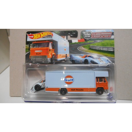 PORSCHE 917LH GULF + FLEET FLYER TEAM TRANSPORT 36 1:64 HOT WHEELS