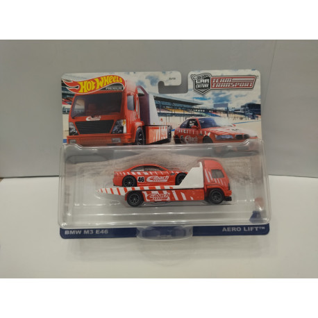 BMW E46 M3 + AERO LIFT TEAM TRANSPORT n29 1:64 HOT WHEELS PREMIUM